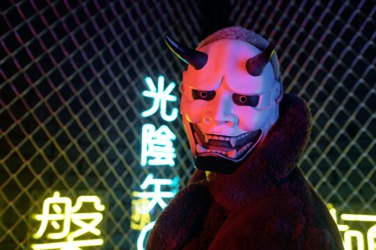 Cyberpunk guy in devil mask